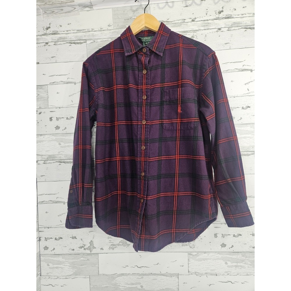 Lauren Ralph Lauren Purple Plaid Flannel Button Down Shirt Women Small Cotton